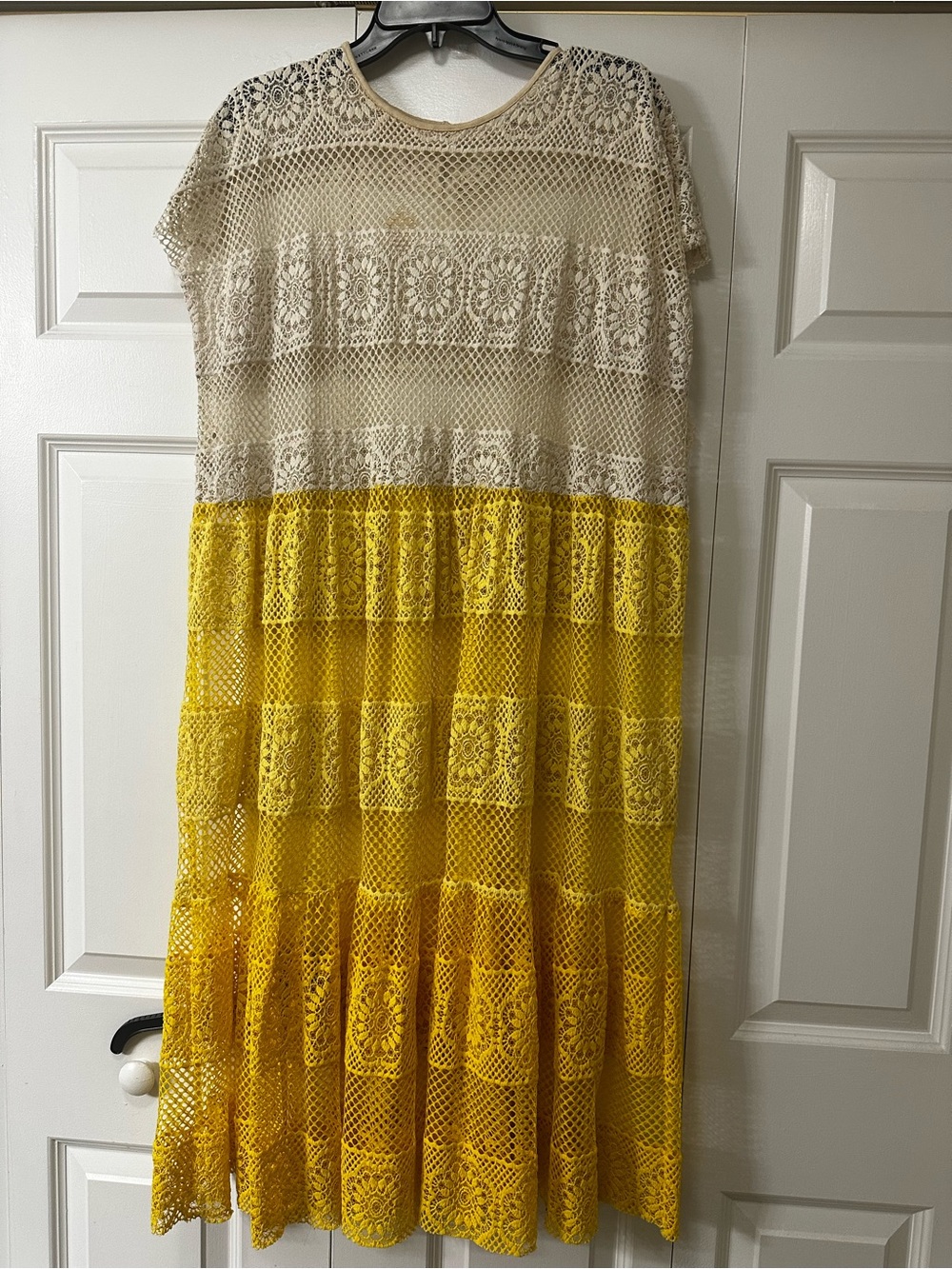 Zara Beige and Yellow Lace Tiered Midi Dress